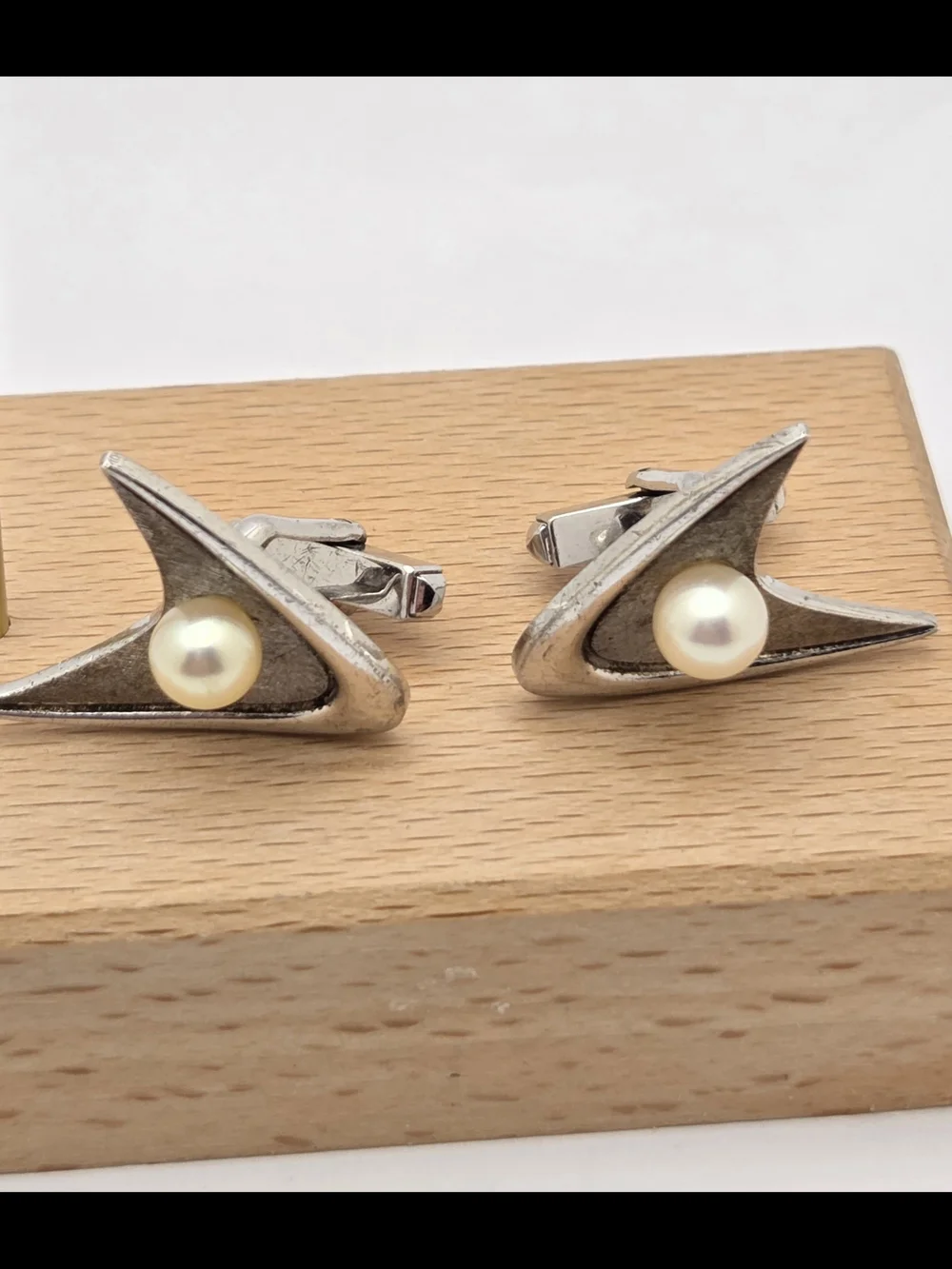 Vintage Sterling Silver Pearl Atomic Age Boomerang Cufflinks MCM